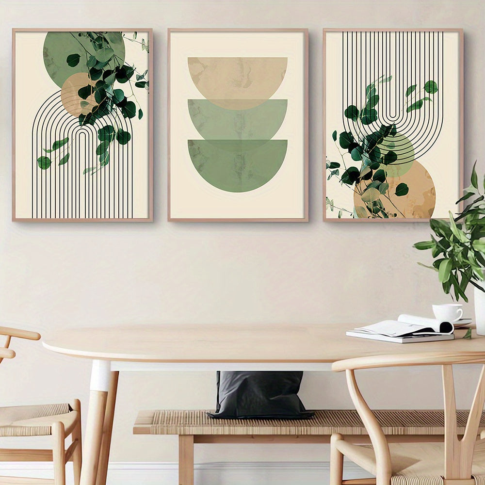Boho Eucalyptus Leaf & Geometric Wall Art – 3-Piece Retro Canvas Print Set for Living Room Decor
