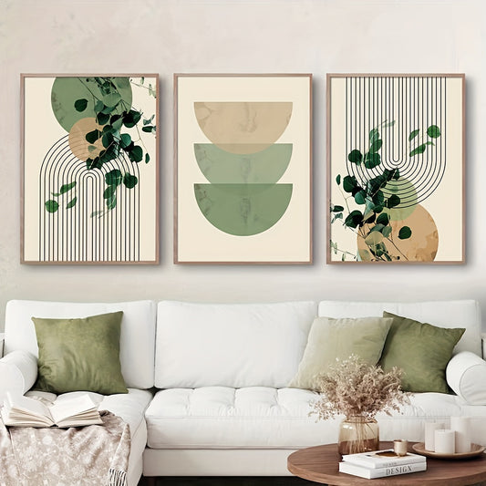 Boho Eucalyptus Leaf & Geometric Wall Art – 3-Piece Retro Canvas Print Set for Living Room Decor