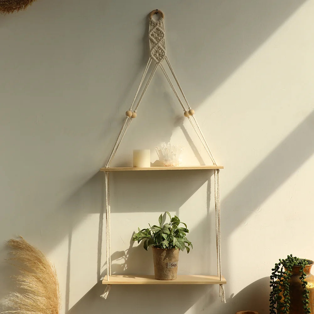 Boho Macrame Floating Wall Shelf – Wooden Hanging Shelf for Plants & Room Decoration