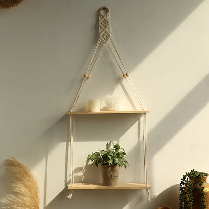Boho Macrame Floating Wall Shelf – Wooden Hanging Shelf for Plants & Room Decoration