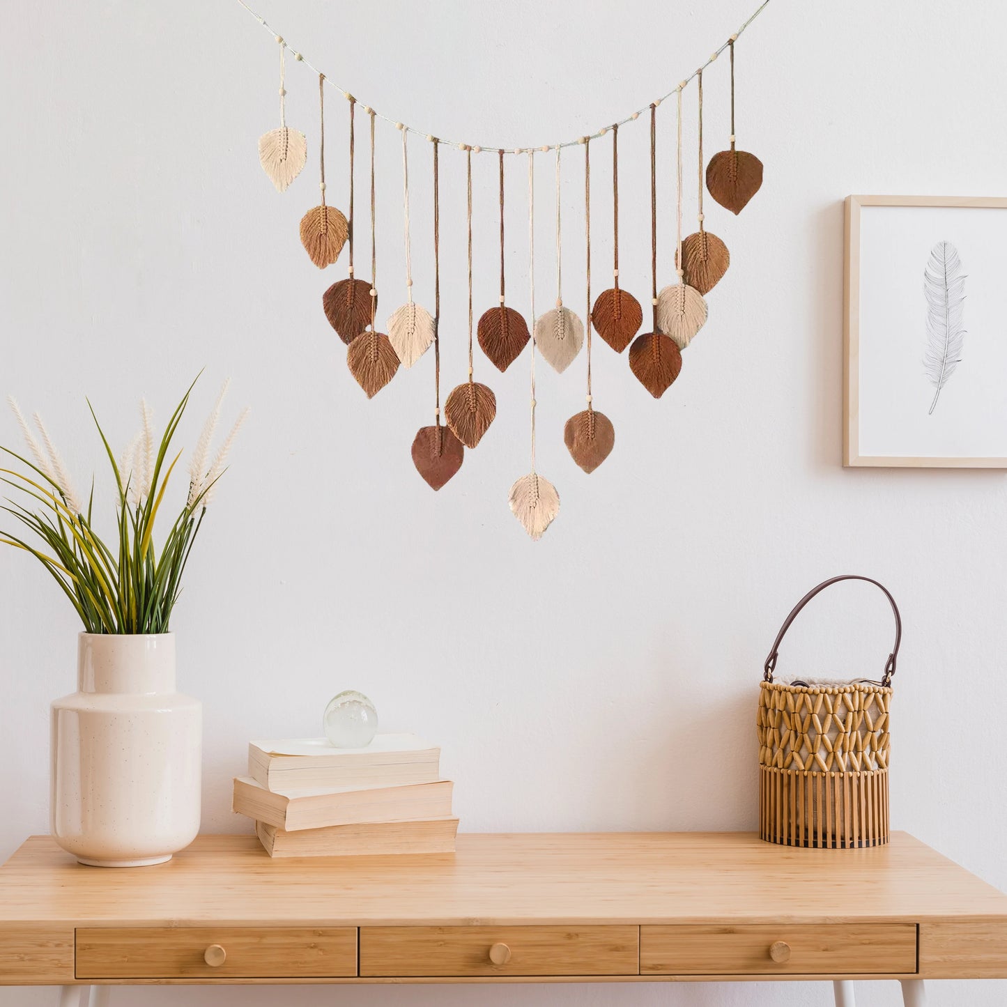 🍃 Handmade Macrame Leaves Wall Hanging – Boho Chic Textile Decor in Dark Green, Sage, & Off-White 🍃