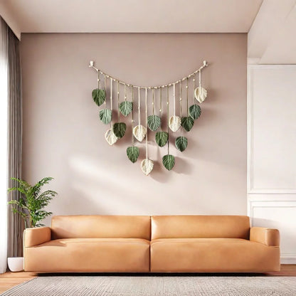 🍃 Handmade Macrame Leaves Wall Hanging – Boho Chic Textile Decor in Dark Green, Sage, & Off-White 🍃