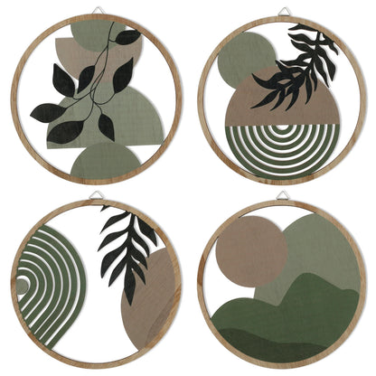 Bohemian Wooden Wall Decor – 4-Piece Retro Plant-Themed Set