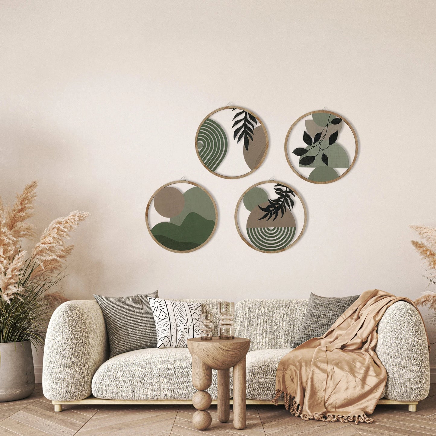 Bohemian Wooden Wall Decor – 4-Piece Retro Plant-Themed Set