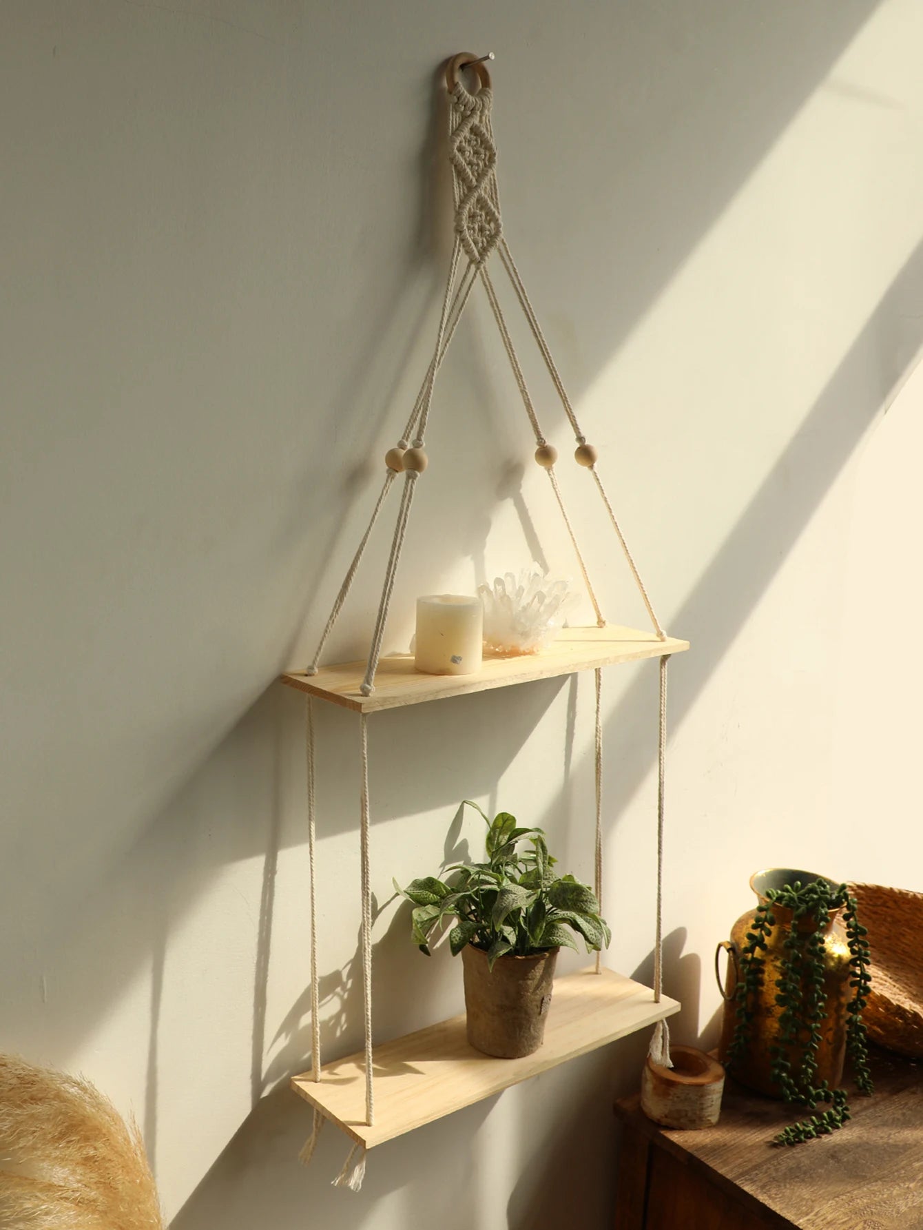 Boho Macrame Floating Wall Shelf – Wooden Hanging Shelf for Plants & Room Decoration