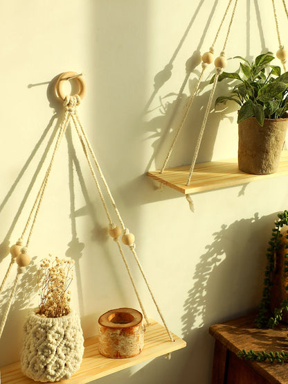 Boho Macrame Floating Wall Shelf – Wooden Hanging Shelf for Plants & Room Decoration
