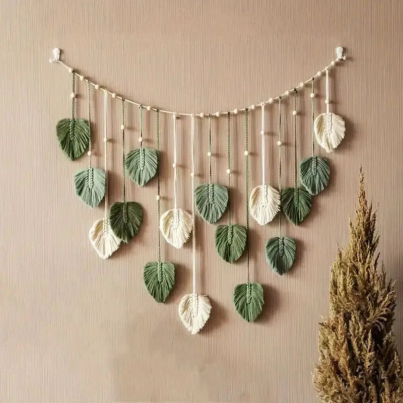 🍃 Handmade Macrame Leaves Wall Hanging – Boho Chic Textile Decor in Dark Green, Sage, & Off-White 🍃