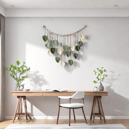 🍃 Handmade Macrame Leaves Wall Hanging – Boho Chic Textile Decor in Dark Green, Sage, & Off-White 🍃