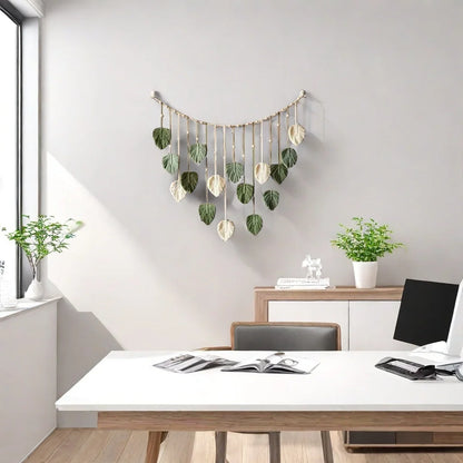 🍃 Handmade Macrame Leaves Wall Hanging – Boho Chic Textile Decor in Dark Green, Sage, & Off-White 🍃