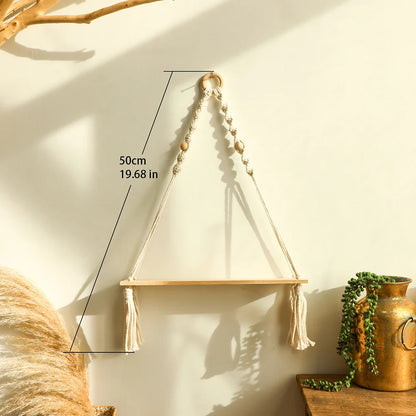 Boho Macrame Floating Wall Shelf – Wooden Hanging Shelf for Plants & Room Decoration