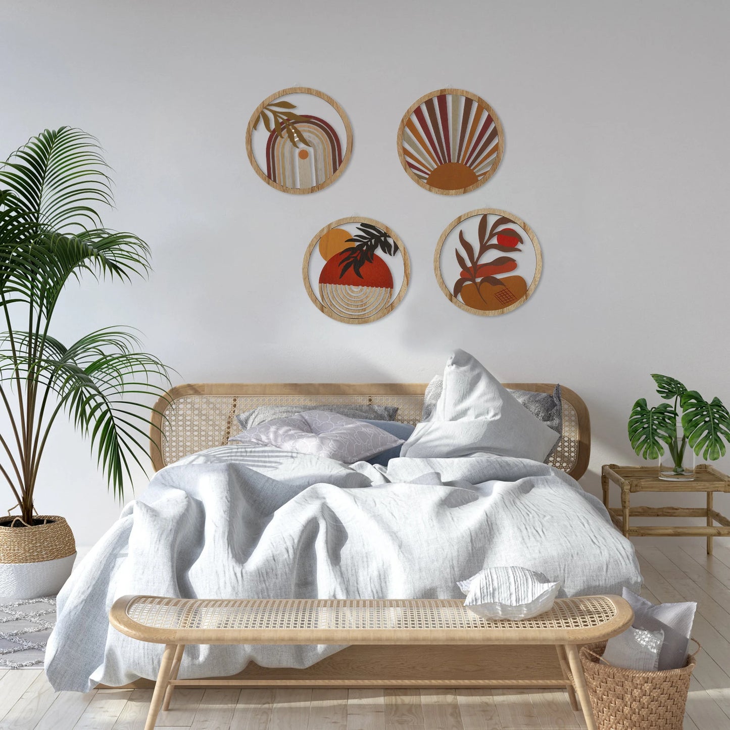 Bohemian Wooden Wall Decor – 4-Piece Retro Plant-Themed Set