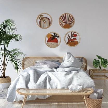 Bohemian Wooden Wall Decor – 4-Piece Retro Plant-Themed Set