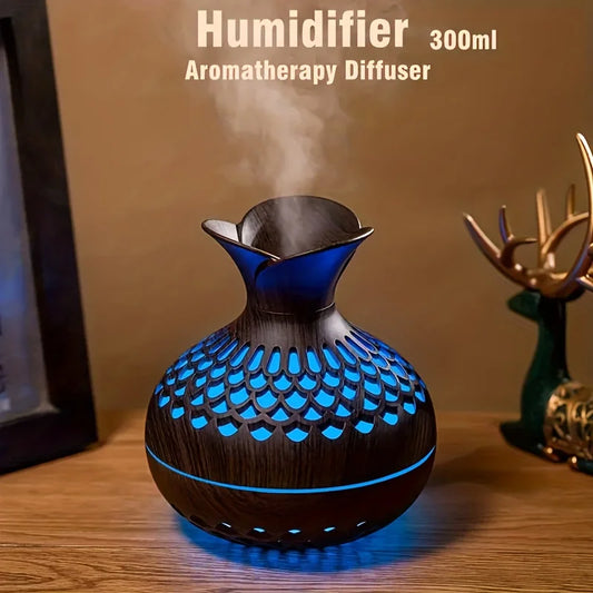 300ml Wooden Vase USB Air Humidifier & Essential Oil Diffuser – Cool Mist, Colorful LED Lights, Aromatherapy for Home & Office