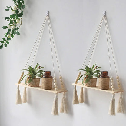 Boho Macrame Floating Wall Shelf – Wooden Hanging Shelf for Plants & Room Decoration