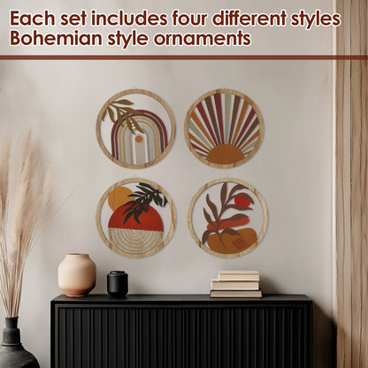 Bohemian Wooden Wall Decor – 4-Piece Retro Plant-Themed Set