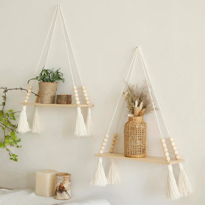 Boho Macrame Floating Wall Shelf – Wooden Hanging Shelf for Plants & Room Decoration