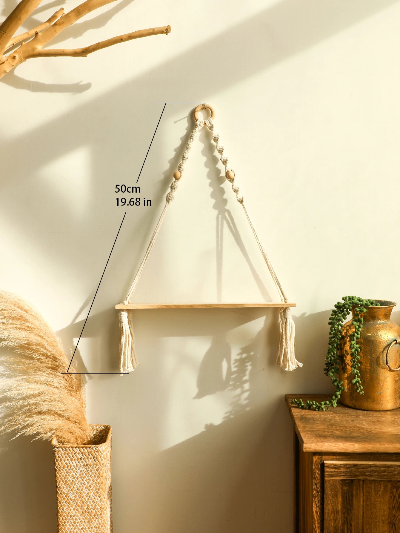 Boho Macrame Floating Wall Shelf – Wooden Hanging Shelf for Plants & Room Decoration