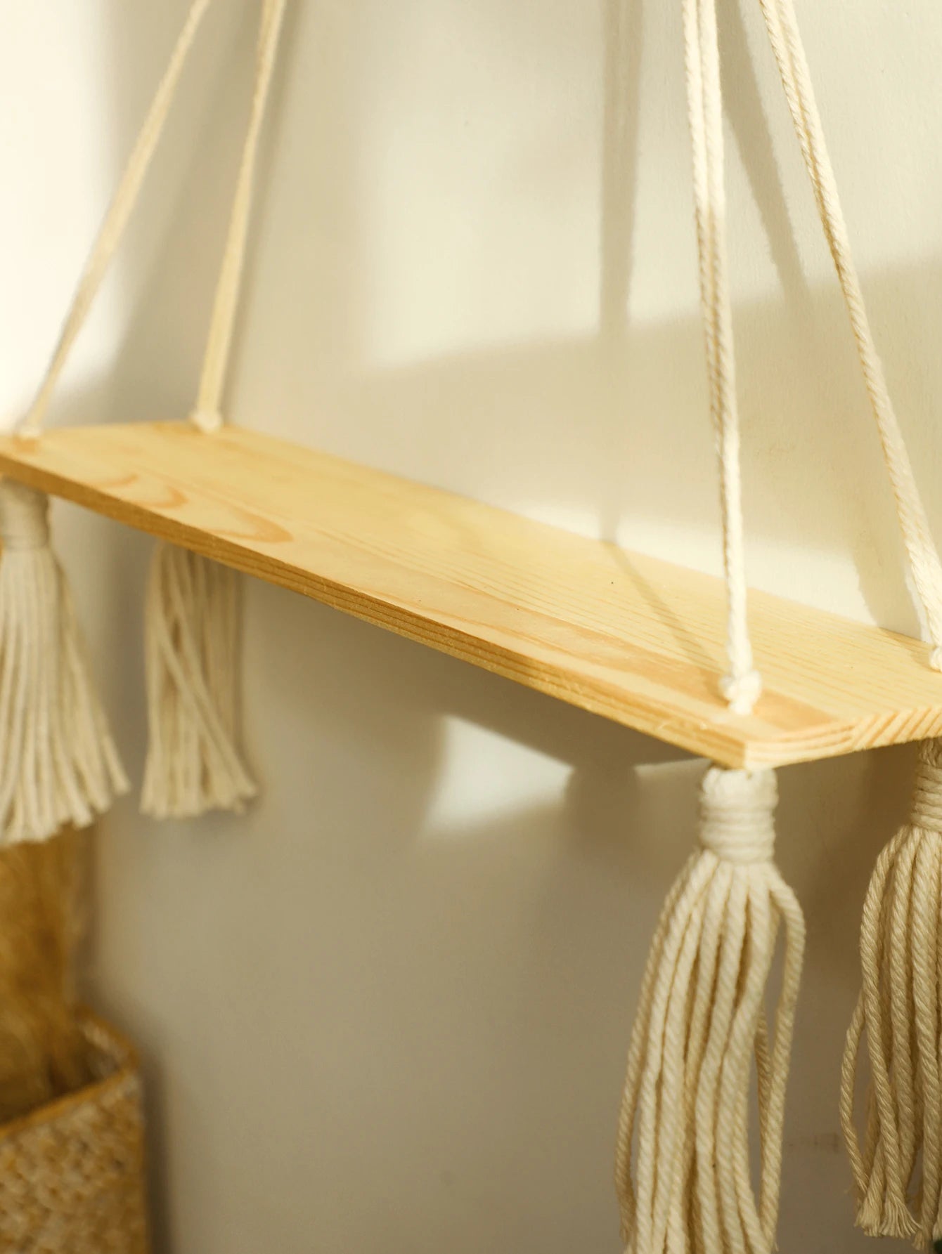 Boho Macrame Floating Wall Shelf – Wooden Hanging Shelf for Plants & Room Decoration