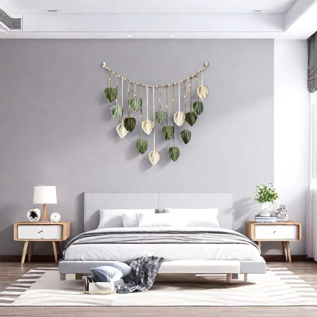 🍃 Handmade Macrame Leaves Wall Hanging – Boho Chic Textile Decor in Dark Green, Sage, & Off-White 🍃