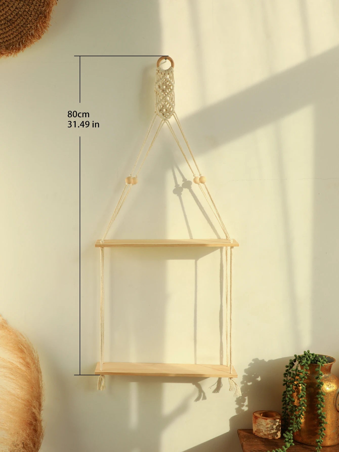 Boho Macrame Floating Wall Shelf – Wooden Hanging Shelf for Plants & Room Decoration
