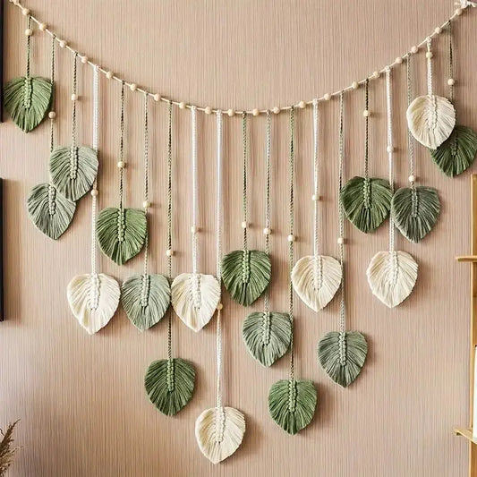 🍃 Handmade Macrame Leaves Wall Hanging – Boho Chic Textile Decor in Dark Green, Sage, & Off-White 🍃