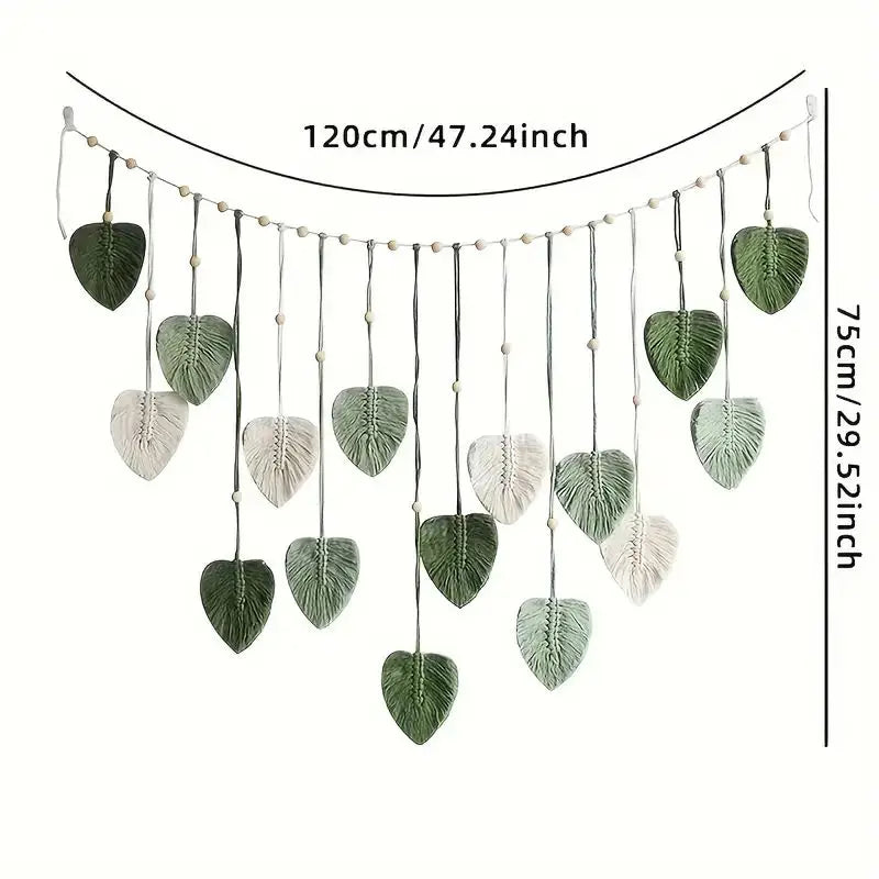🍃 Handmade Macrame Leaves Wall Hanging – Boho Chic Textile Decor in Dark Green, Sage, & Off-White 🍃
