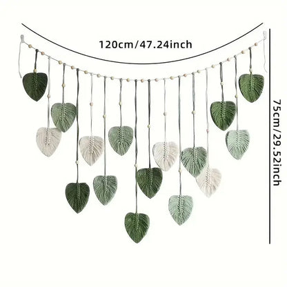 🍃 Handmade Macrame Leaves Wall Hanging – Boho Chic Textile Decor in Dark Green, Sage, & Off-White 🍃