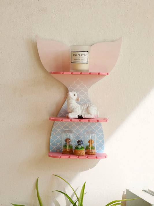 Mermaid Tail Floating Wall Shelf – 3-Tier Crystal & Aromatherapy Display Rack, Wall-Mounted Home Decor