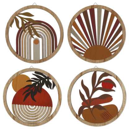 Bohemian Wooden Wall Decor – 4-Piece Retro Plant-Themed Set