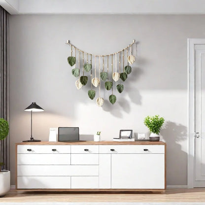 🍃 Handmade Macrame Leaves Wall Hanging – Boho Chic Textile Decor in Dark Green, Sage, & Off-White 🍃
