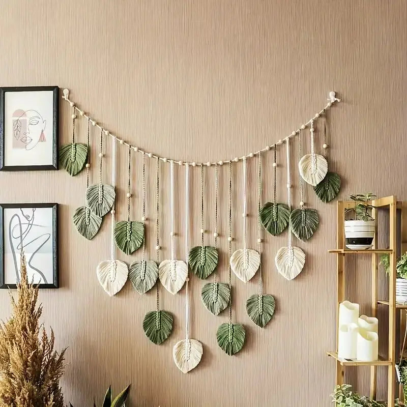 🍃 Handmade Macrame Leaves Wall Hanging – Boho Chic Textile Decor in Dark Green, Sage, & Off-White 🍃