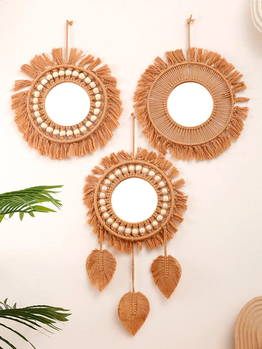 Boho Round Wall Mirror – Handwoven Hanging Decor for Home & Apartment