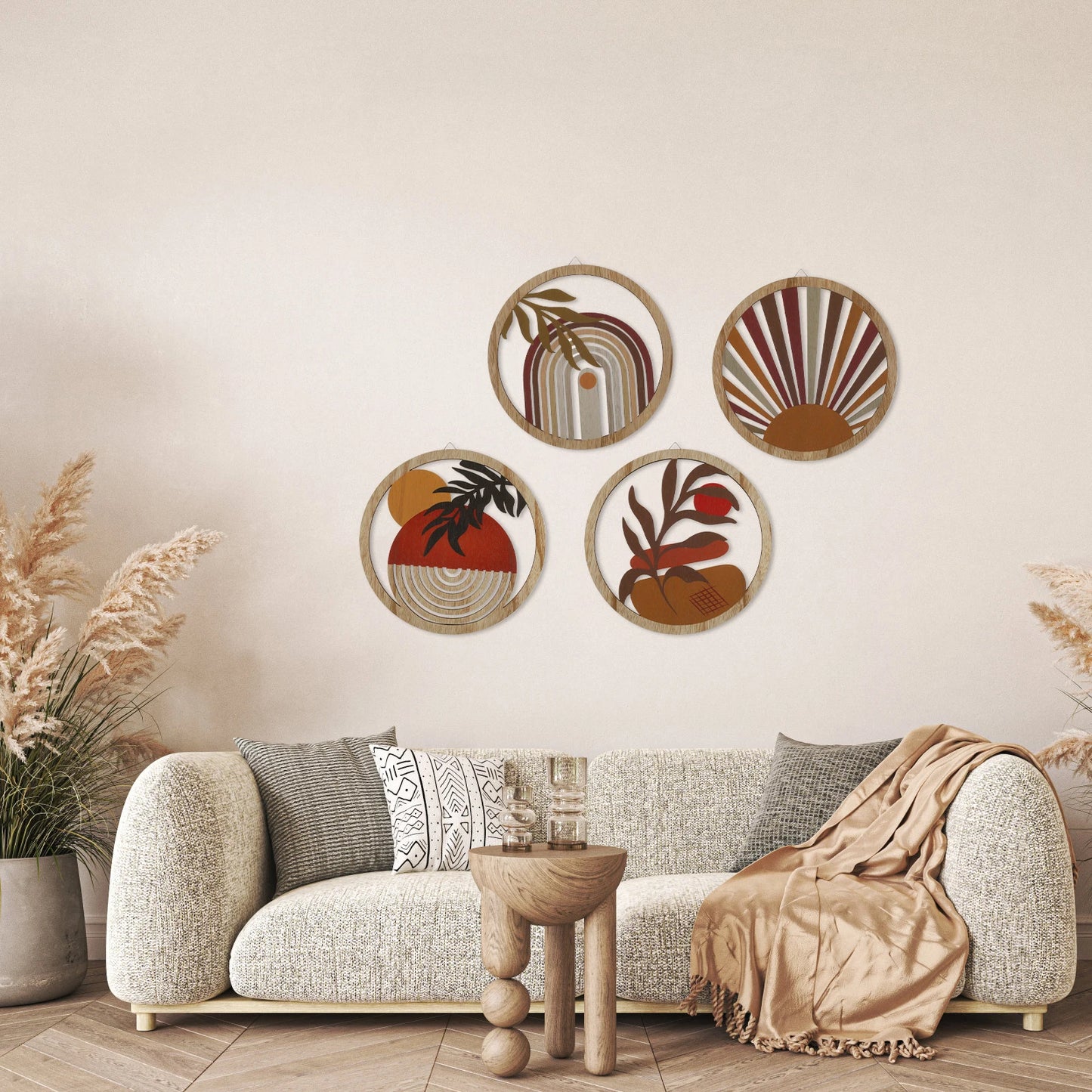 Bohemian Wooden Wall Decor – 4-Piece Retro Plant-Themed Set