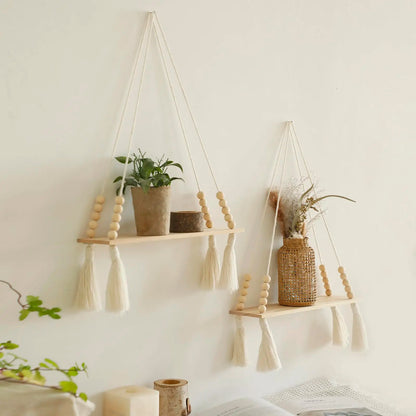 Boho Macrame Floating Wall Shelf – Wooden Hanging Shelf for Plants & Room Decoration
