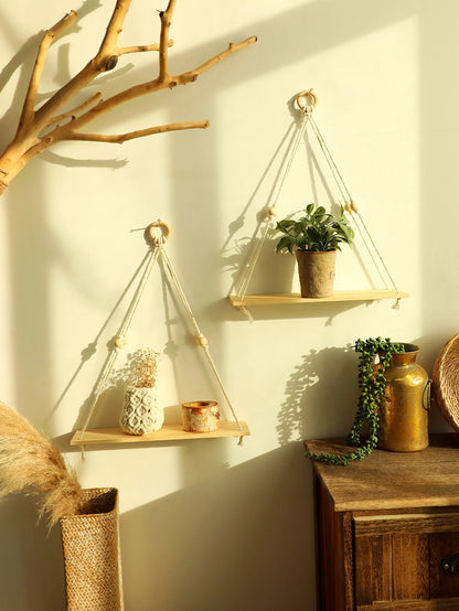 Boho Macrame Floating Wall Shelf – Wooden Hanging Shelf for Plants & Room Decoration