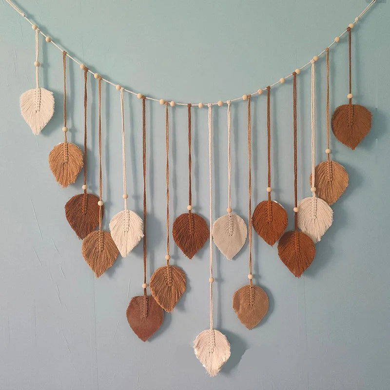 🍃 Handmade Macrame Leaves Wall Hanging – Boho Chic Textile Decor in Dark Green, Sage, & Off-White 🍃