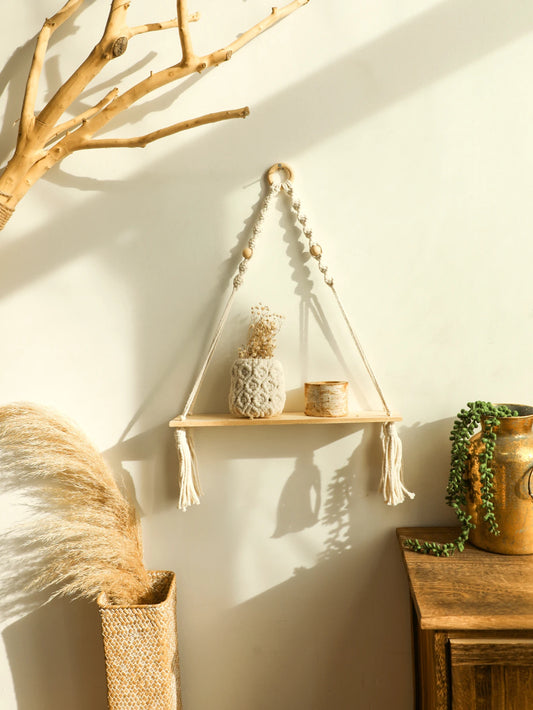 Boho Macrame Floating Wall Shelf – Wooden Hanging Shelf for Plants & Room Decoration
