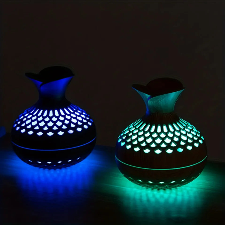 300ml Wooden Vase USB Air Humidifier & Essential Oil Diffuser – Cool Mist, Colorful LED Lights, Aromatherapy for Home & Office