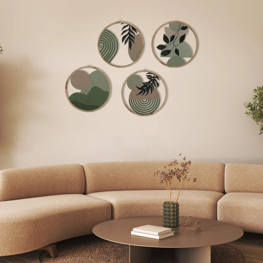 Bohemian Wooden Wall Decor – 4-Piece Retro Plant-Themed Set