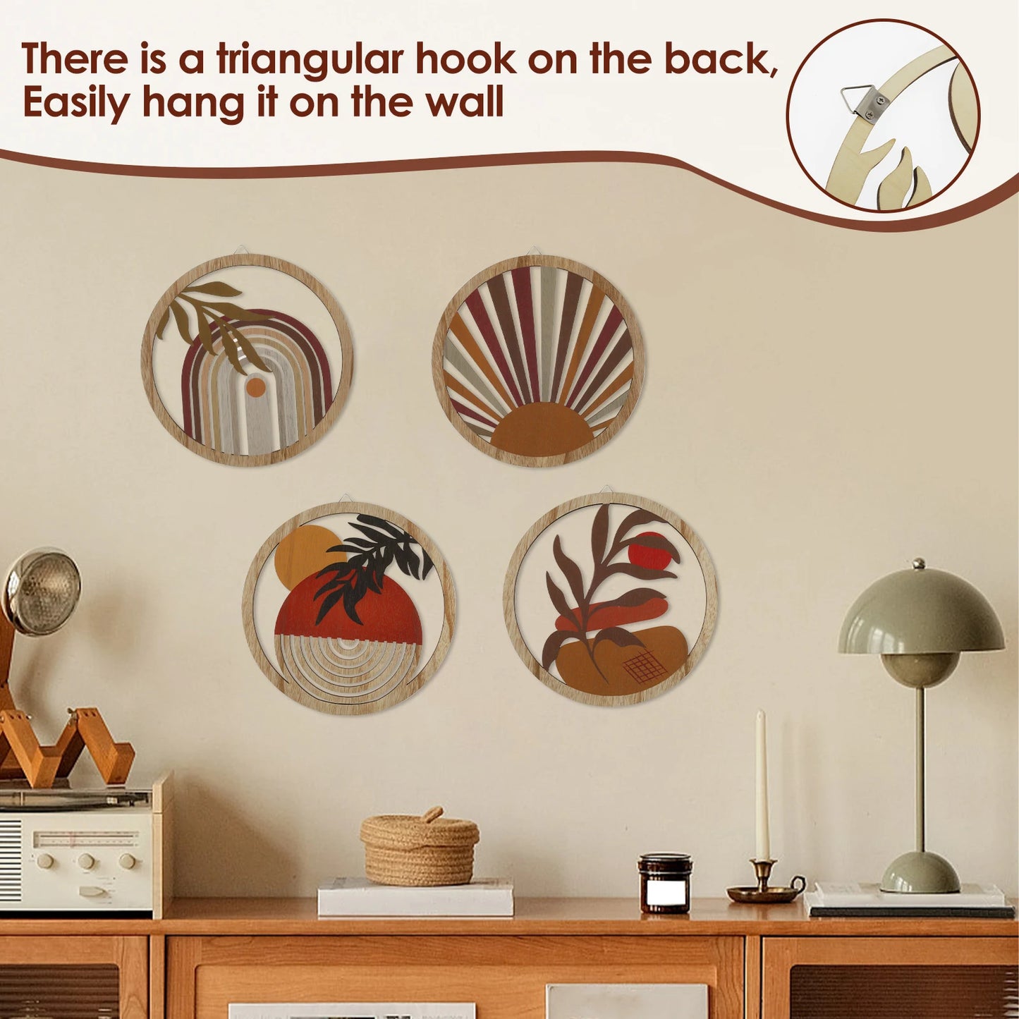Bohemian Wooden Wall Decor – 4-Piece Retro Plant-Themed Set