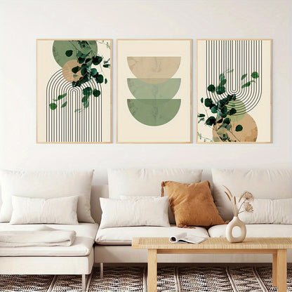 Boho Eucalyptus Leaf & Geometric Wall Art – 3-Piece Retro Canvas Print Set for Living Room Decor