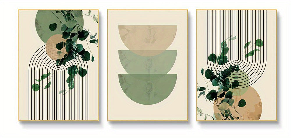 Boho Eucalyptus Leaf & Geometric Wall Art – 3-Piece Retro Canvas Print Set for Living Room Decor