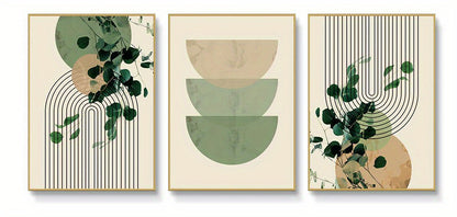 Boho Eucalyptus Leaf & Geometric Wall Art – 3-Piece Retro Canvas Print Set for Living Room Decor